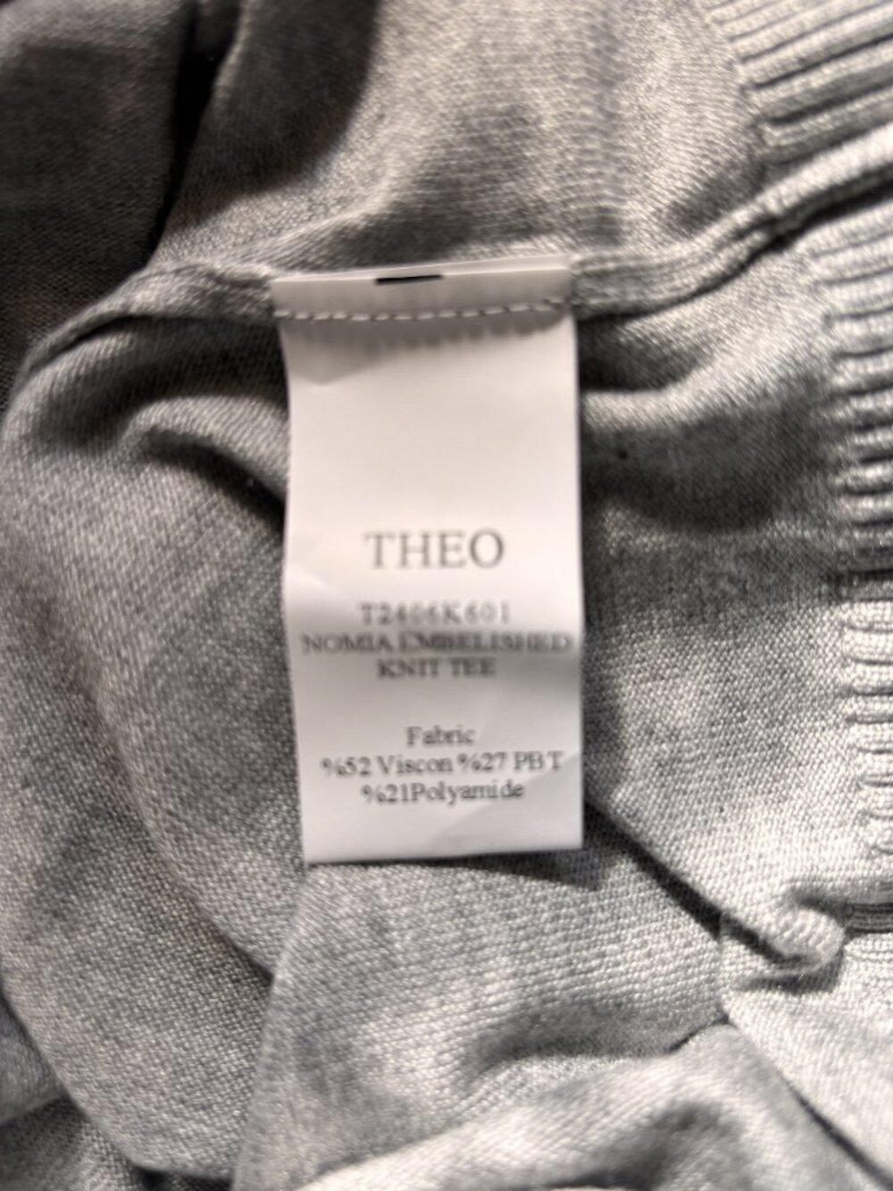 THEO Vegan Cashmere Gray Embellished Neck Knit Top Small - Picture 6 of 6